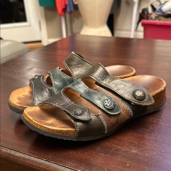 Think! Womens green/brown/black Leather Slides cork Sandals Hungary size 37 - Picture 1 of 5